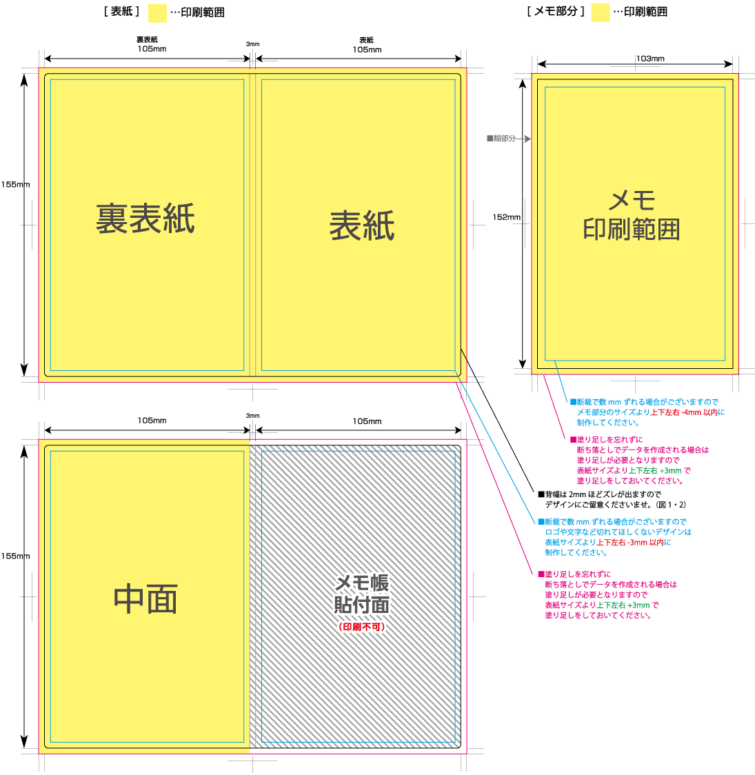カバー付クラフトメモ [長辺A6サイズ] 黄色の部分は印刷範囲です。