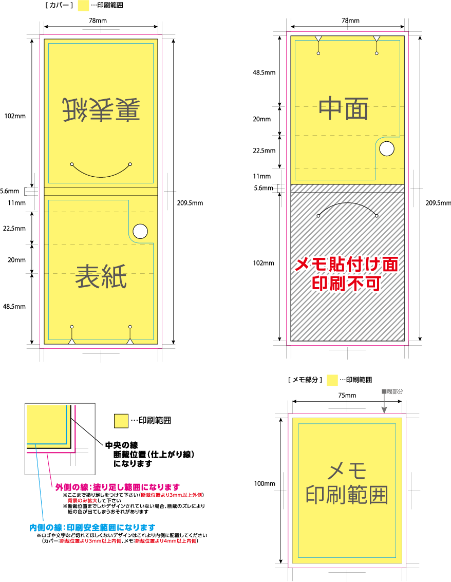 デスクメモ H100タイプ 50枚綴り 黄色の部分は印刷範囲です。