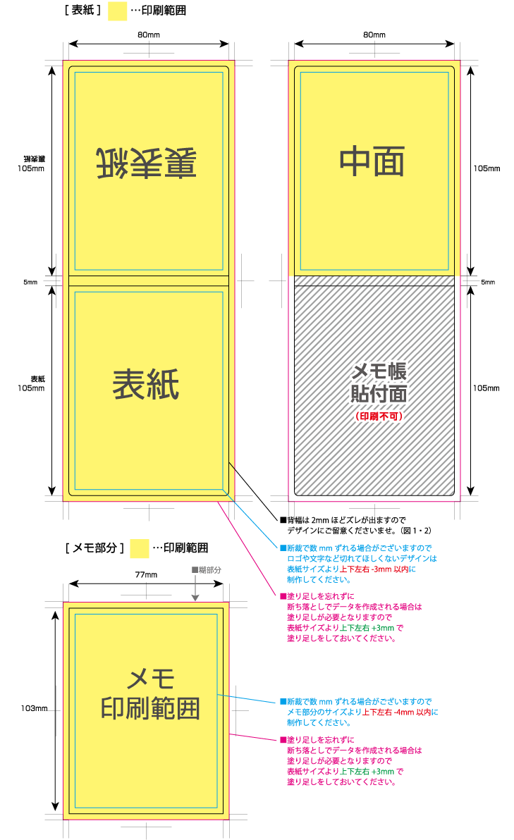 カバー付クラフトメモ [短辺105サイズ] 黄色の部分は印刷範囲です。