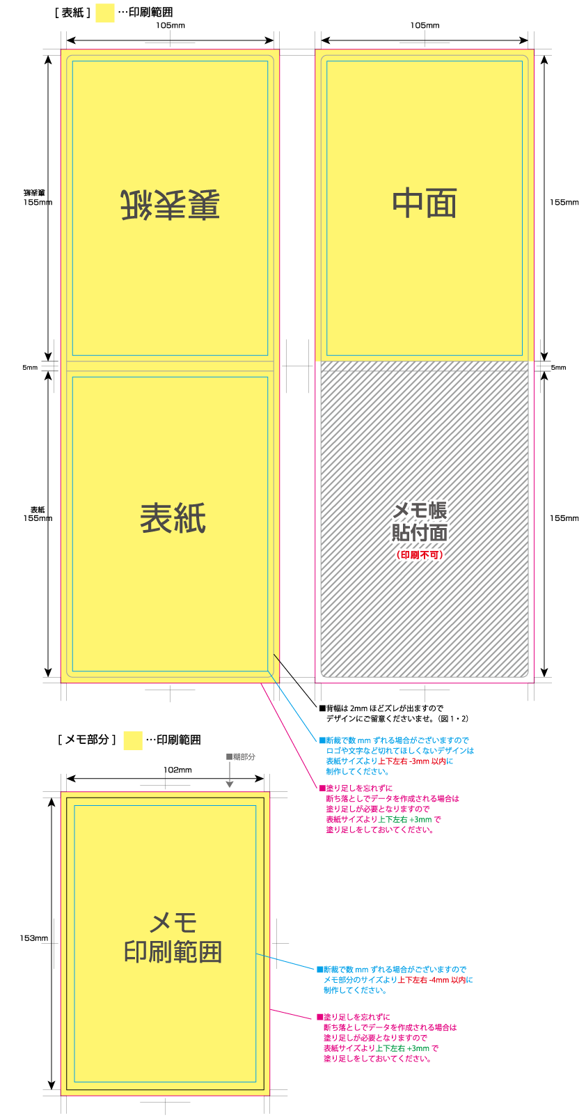カバー付クラフトメモ [短辺A6サイズ] 黄色の部分は印刷範囲です。