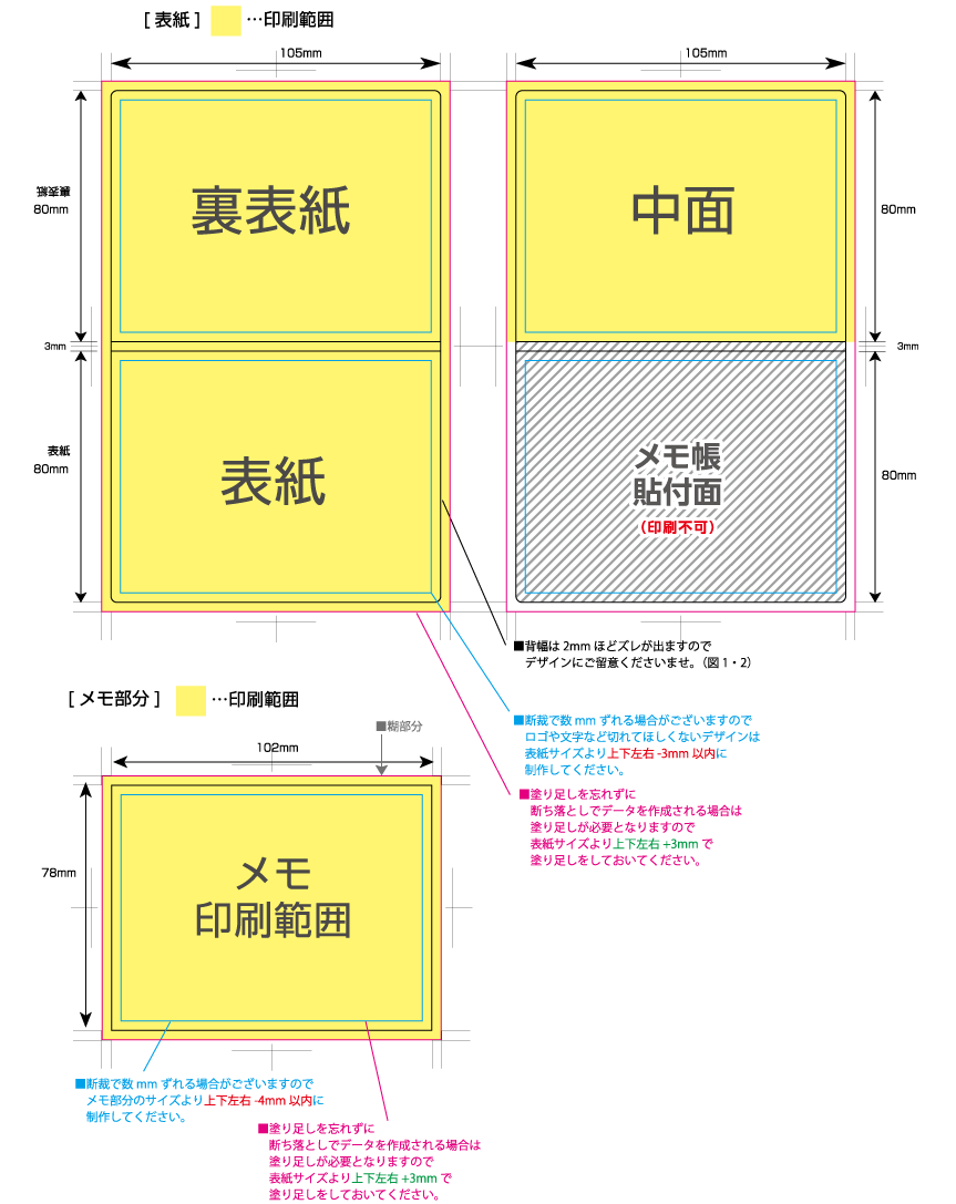 カバー付クラフトメモ [長辺105サイズ] 黄色の部分は印刷範囲です。