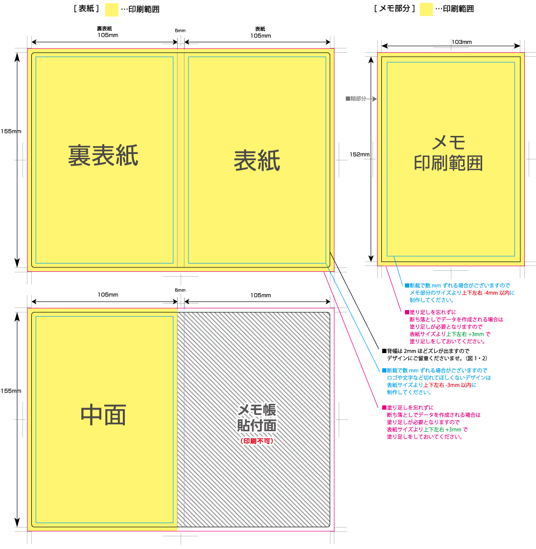 カバー付クラフトメモ [長辺A6サイズ] 黄色の部分は印刷範囲です。