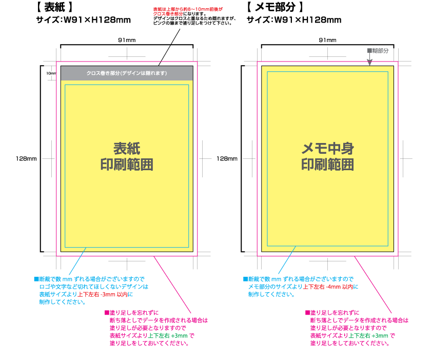 クラフトクロス巻きメモ [B7サイズ・30／50／80／100枚綴り] 黄色の部分は印刷範囲です。