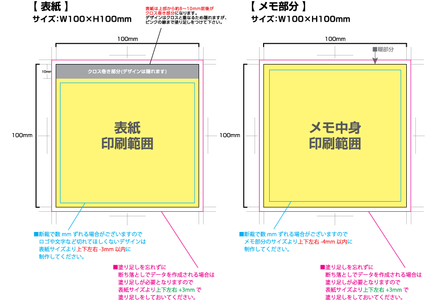 クラフトクロス巻きメモ [スクエア100サイズ・30／50／80／100枚綴り] 黄色の部分は印刷範囲です。