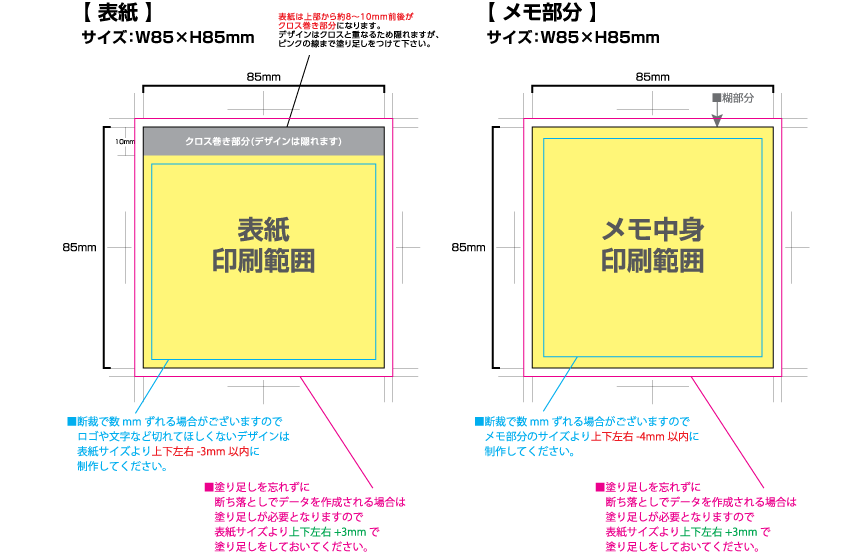 クラフトクロス巻きメモ [スクエア85サイズ・30／50／80／100枚綴り] 黄色の部分は印刷範囲です。