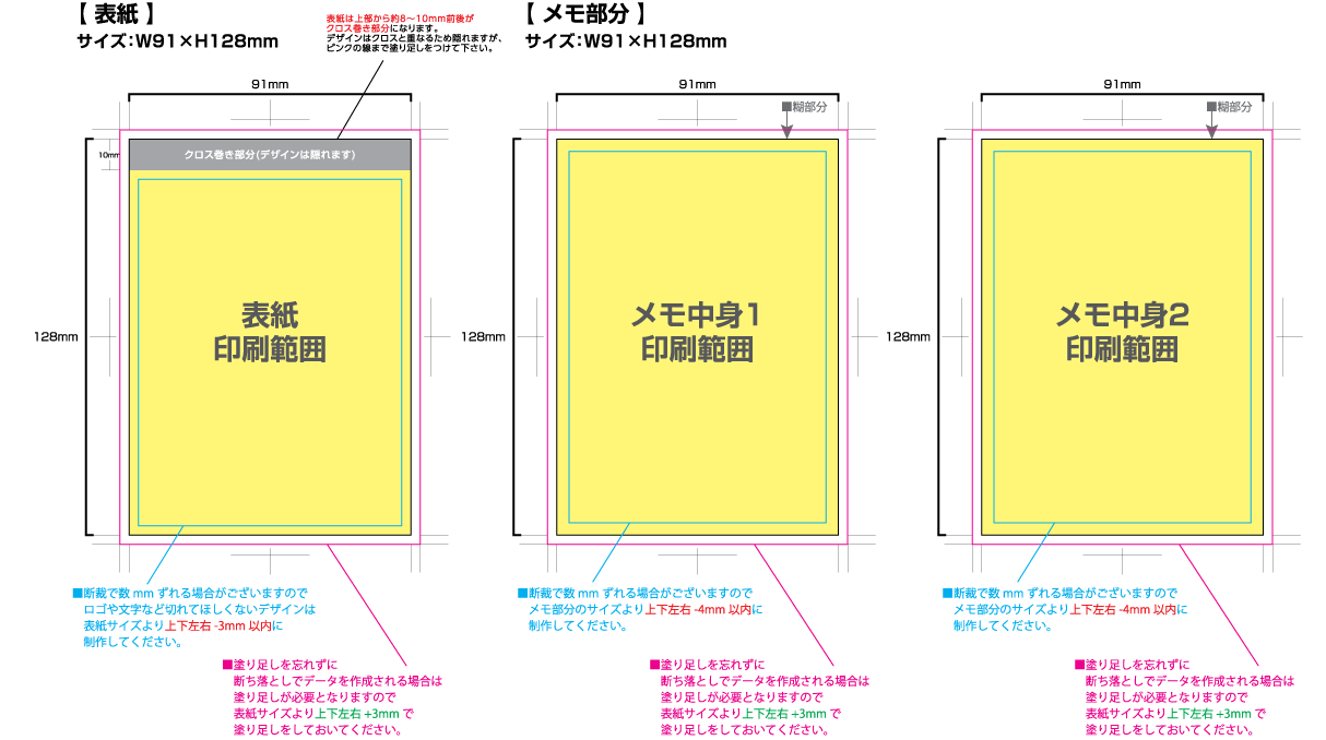 2種混合クロス巻きメモ [B7サイズ・30／50／80／100枚綴り] 黄色の部分は印刷範囲です。