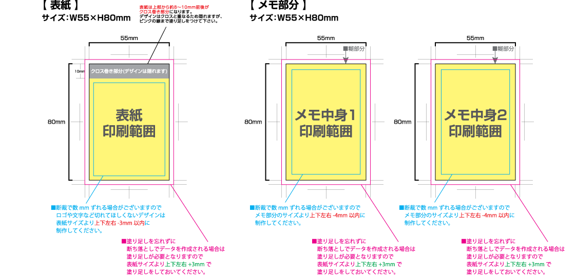 2種混合クロス巻きメモ [ミニ55サイズ・30／50／80／100枚綴り] 黄色の部分は印刷範囲です。