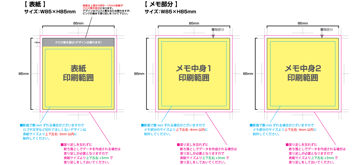 2種混合クロス巻きメモ [スクエア85サイズ・30／50／80／100枚綴り] 黄色の部分は印刷範囲です。