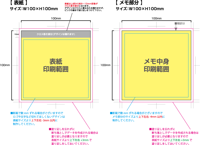 クロス巻きメモ [スクエア100サイズ] 黄色の部分は印刷範囲です。