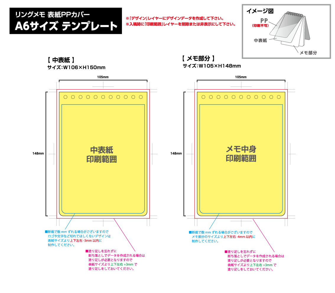 リングメモ（表紙PPカバー） [A6サイズ・30／50／80／100枚綴り] 黄色の部分は印刷範囲です。