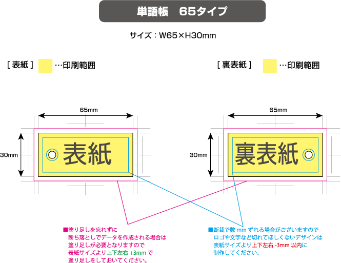 単語帳　65タイプ [100枚綴り] 黄色の部分は印刷範囲です。