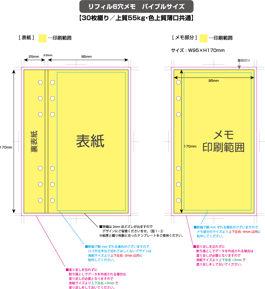 リフィルメモ　バイブルサイズ [30枚綴り] 黄色の部分は印刷範囲です。